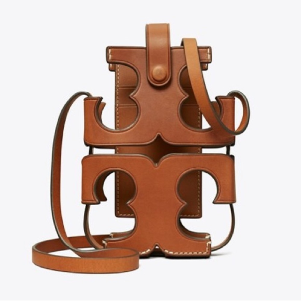 New Tory Burch Cut Out Logo Phone Crossbody, Classic Brown Leather Small Purse